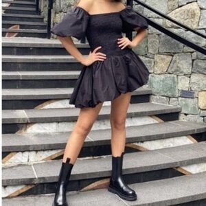 Loveshackfancy Asa Puff Sleeve Bubble Hem Mini Dress Black